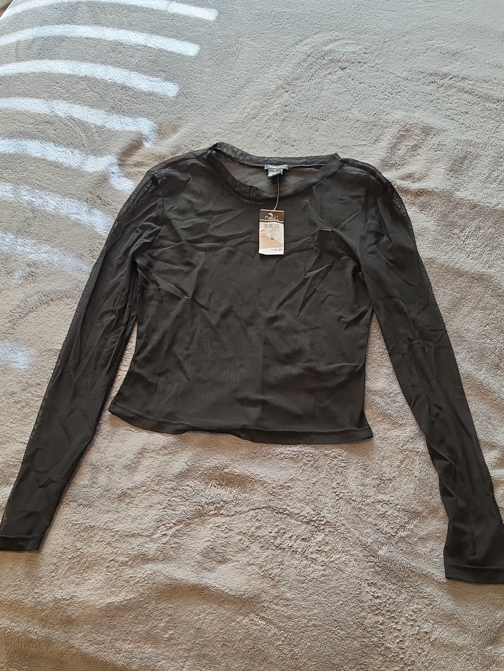 Black Long-Sleeve Sheer Trim Top - Unbranded